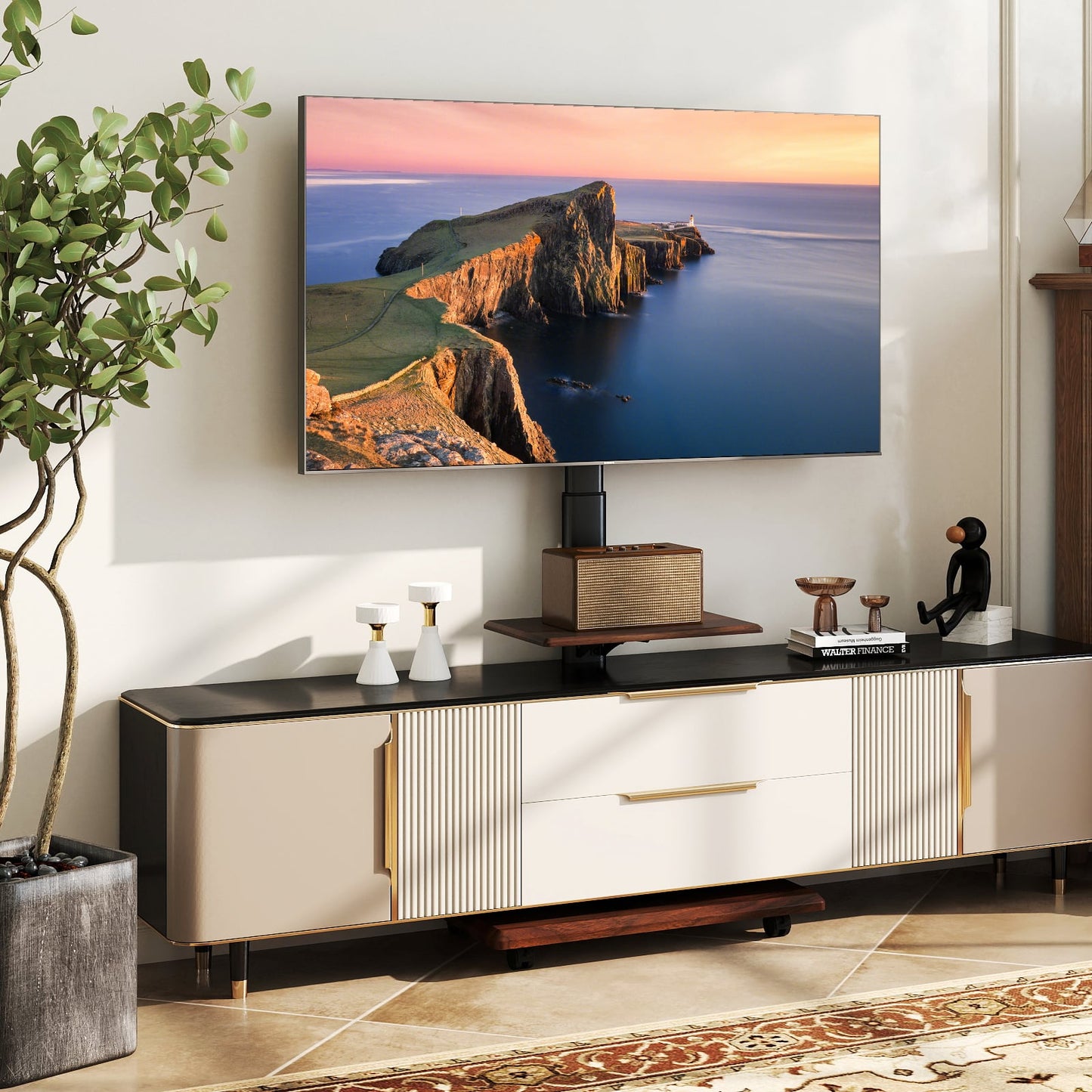 Rolling TV Stand on Wheels with 30° Tilt Mount and Adjustable Shelf-Walnut