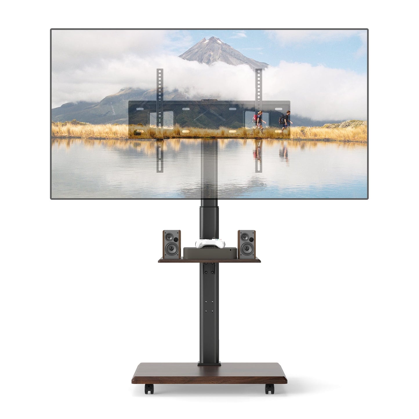 Rolling TV Stand on Wheels with 30° Tilt Mount and Adjustable Shelf-Walnut