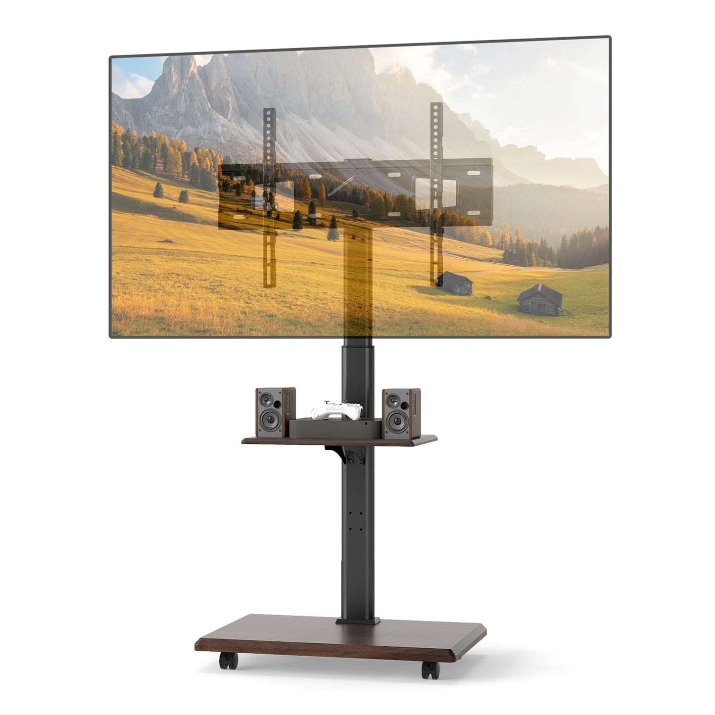 Rolling TV Stand on Wheels with 30° Tilt Mount and Adjustable Shelf-Walnut