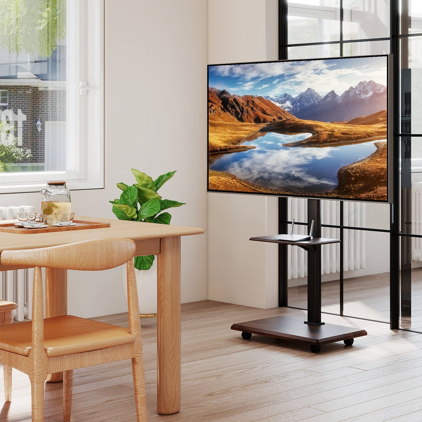 Rolling TV Stand on Wheels with 30° Tilt Mount and Adjustable Shelf-Walnut