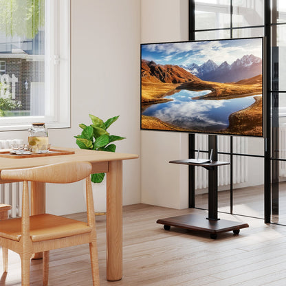 Rolling TV Stand on Wheels with 30° Tilt Mount and Adjustable Shelf-Walnut