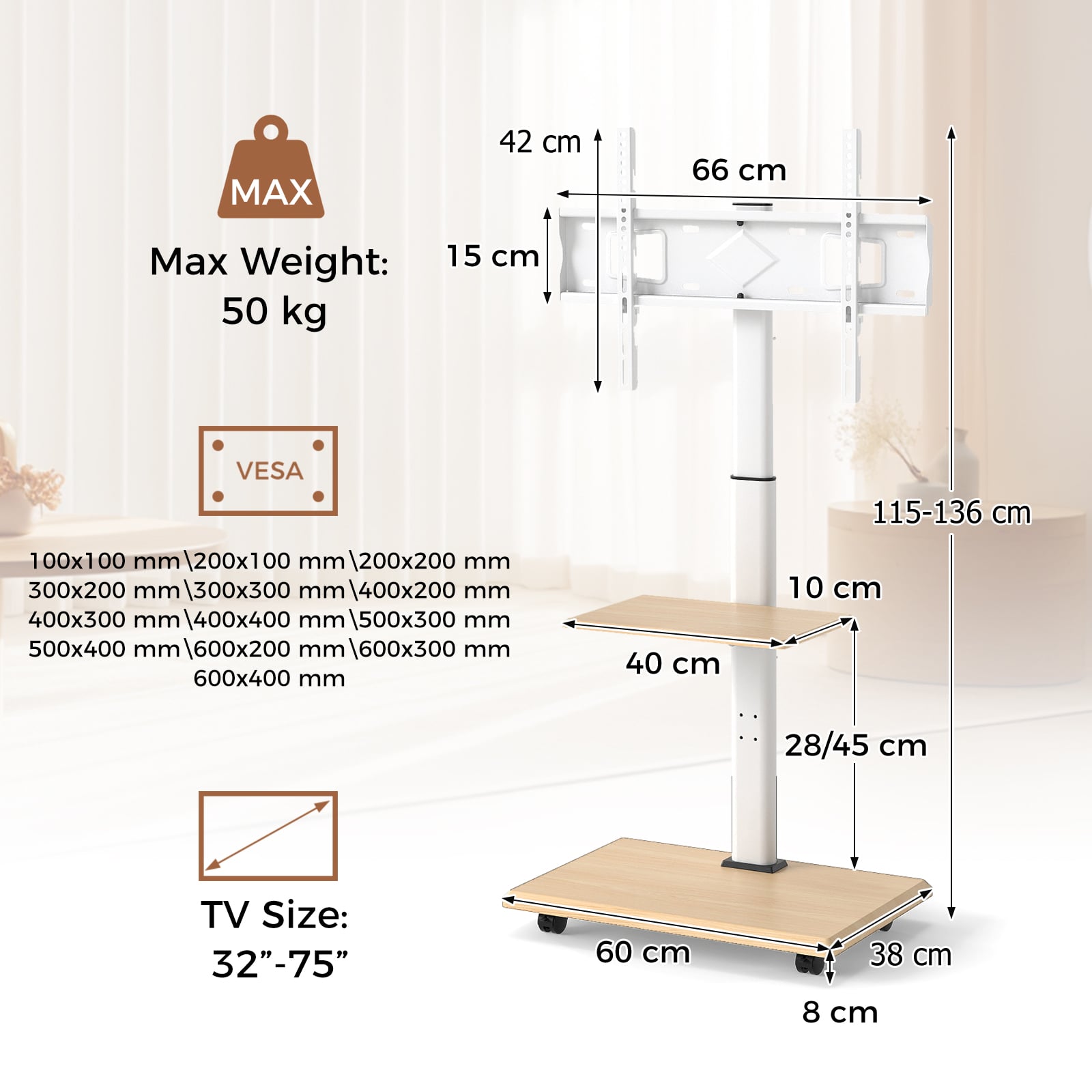 Rolling TV Stand on Wheels with 30° Tilt Mount and Adjustable Shelf-Natural