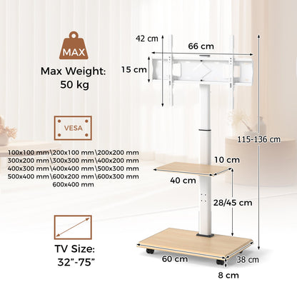 Rolling TV Stand on Wheels with 30° Tilt Mount and Adjustable Shelf-Natural