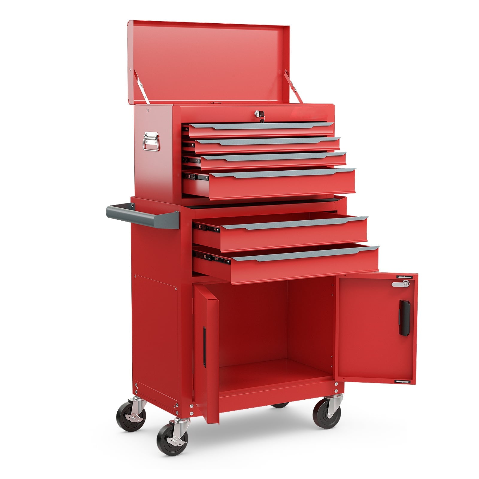 6-Drawer Rolling Tool Chest with Universal Wheels and Hooks-Red-S