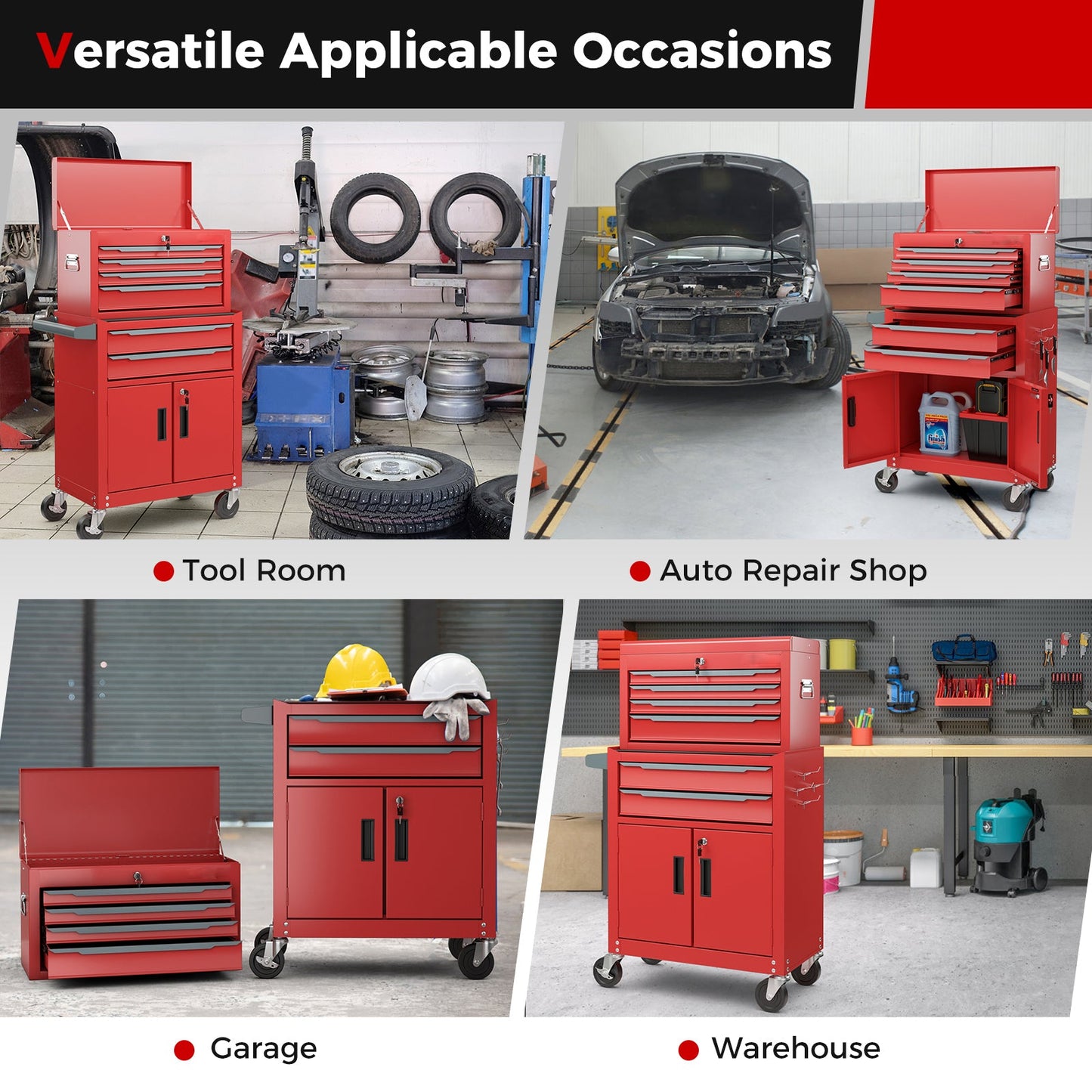 6-Drawer Rolling Tool Chest with Universal Wheels and Hooks-Red-S