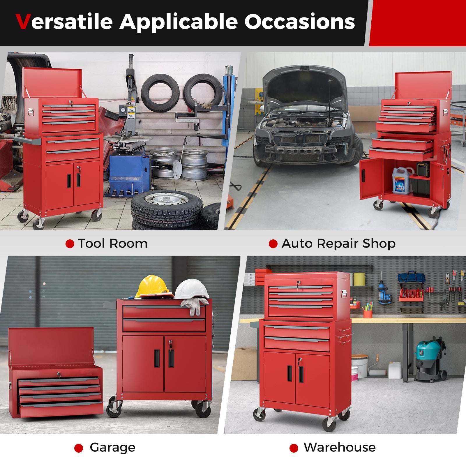 6-Drawer Rolling Tool Chest with Universal Wheels and Hooks-Red-S