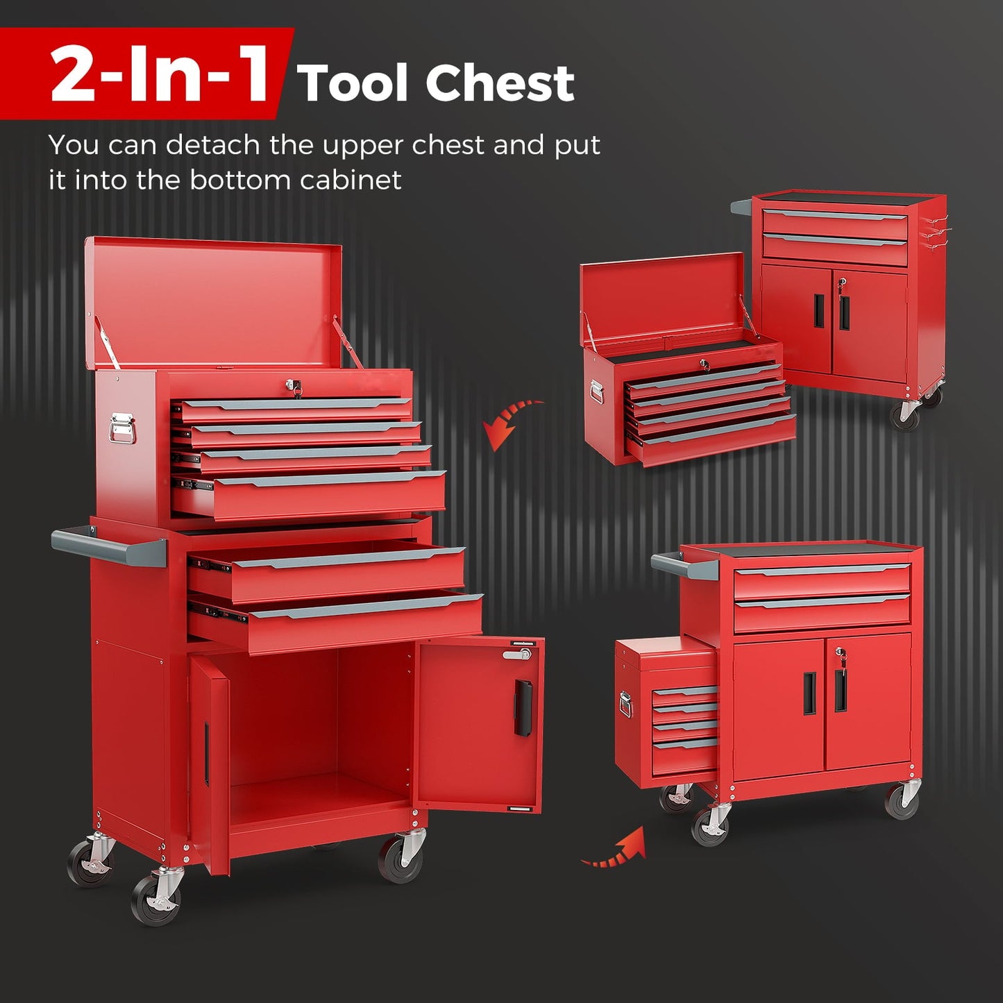 6-Drawer Rolling Tool Chest with Universal Wheels and Hooks-Red-S