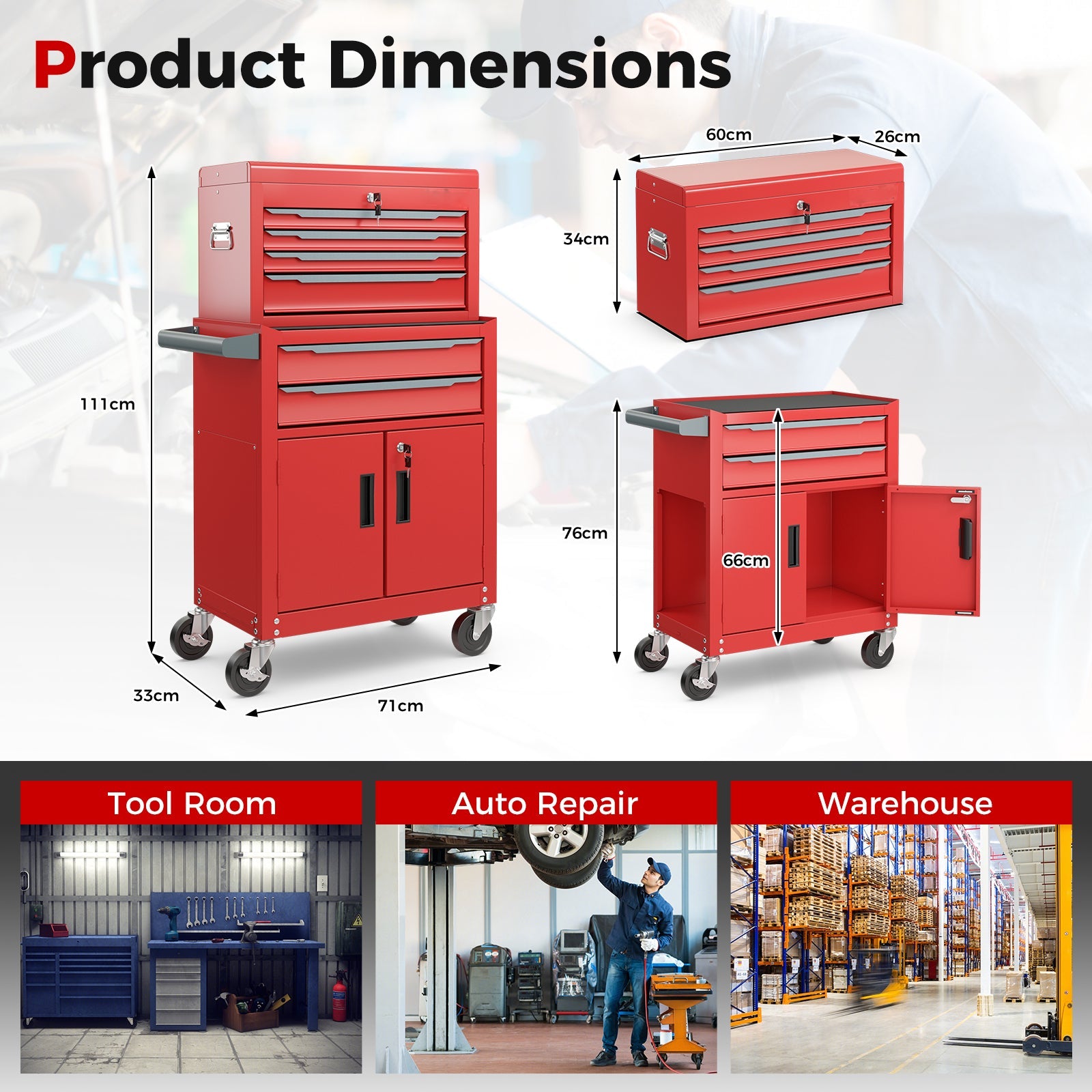 6-Drawer Rolling Tool Chest with Universal Wheels and Hooks-Red-S
