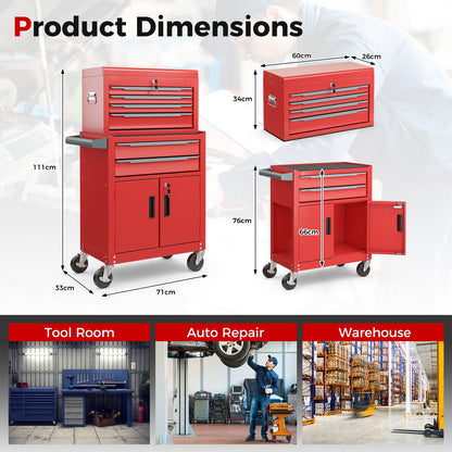 6-Drawer Rolling Tool Chest with Universal Wheels and Hooks-Red-S