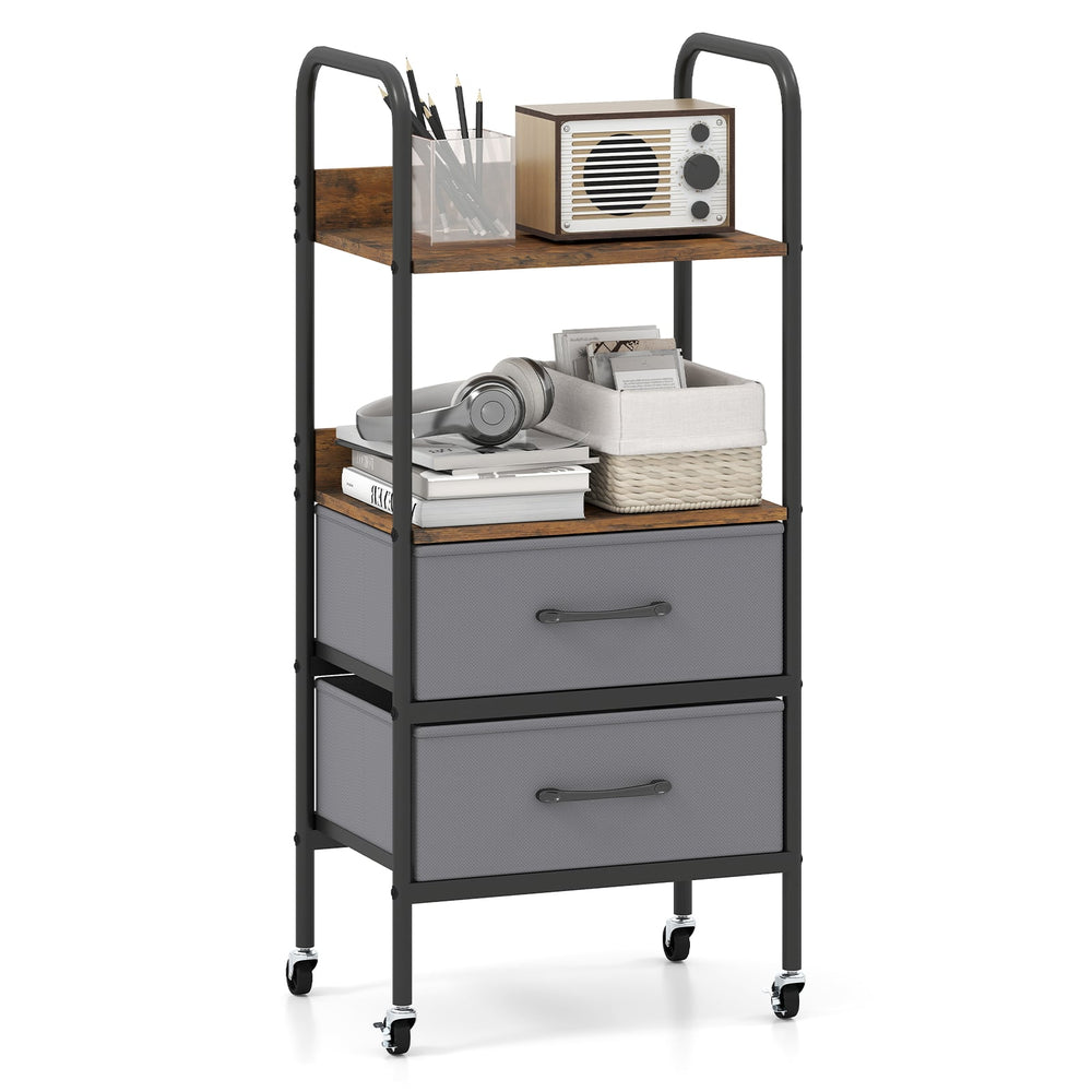 Rolling Utility Storage Cart Mobile Printer Stand with 2 Open Shelves-Brown