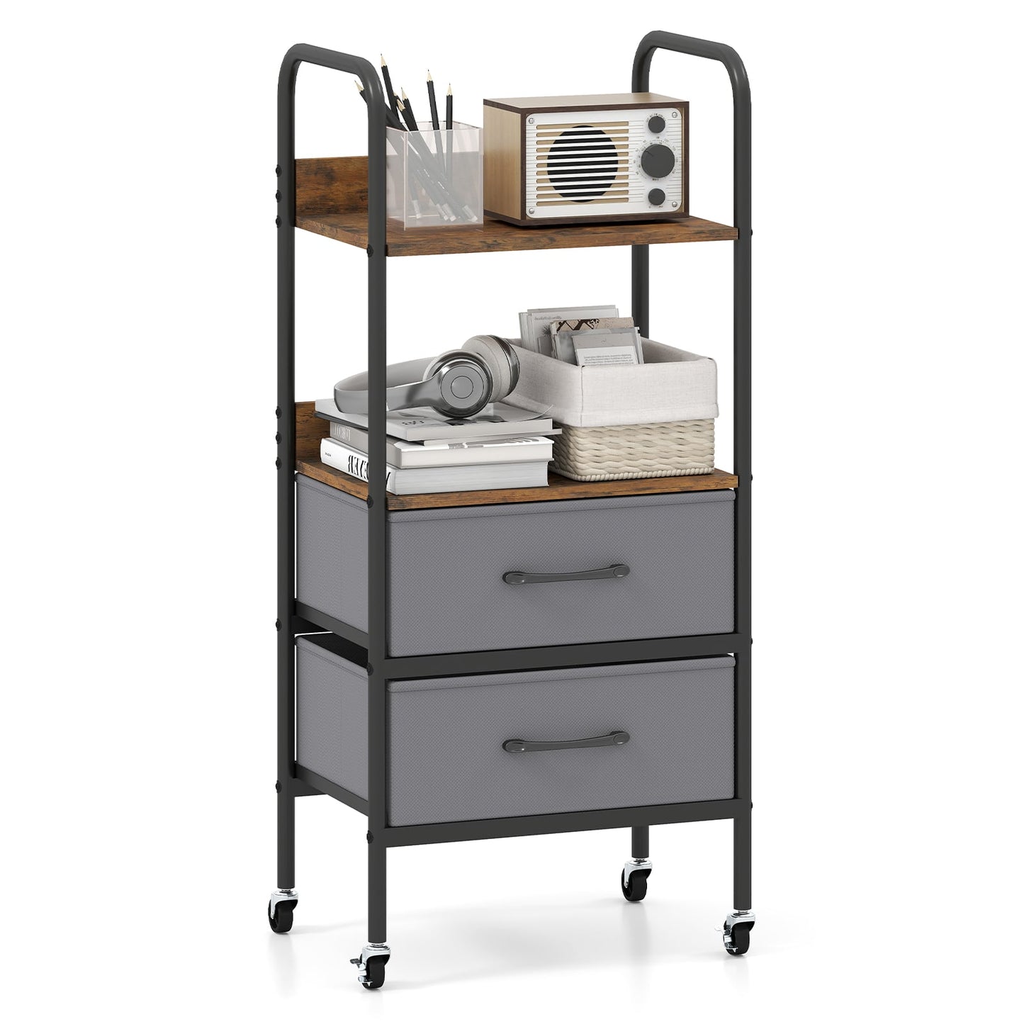 Rolling Utility Storage Cart Mobile Printer Stand with 2 Open Shelves-Brown