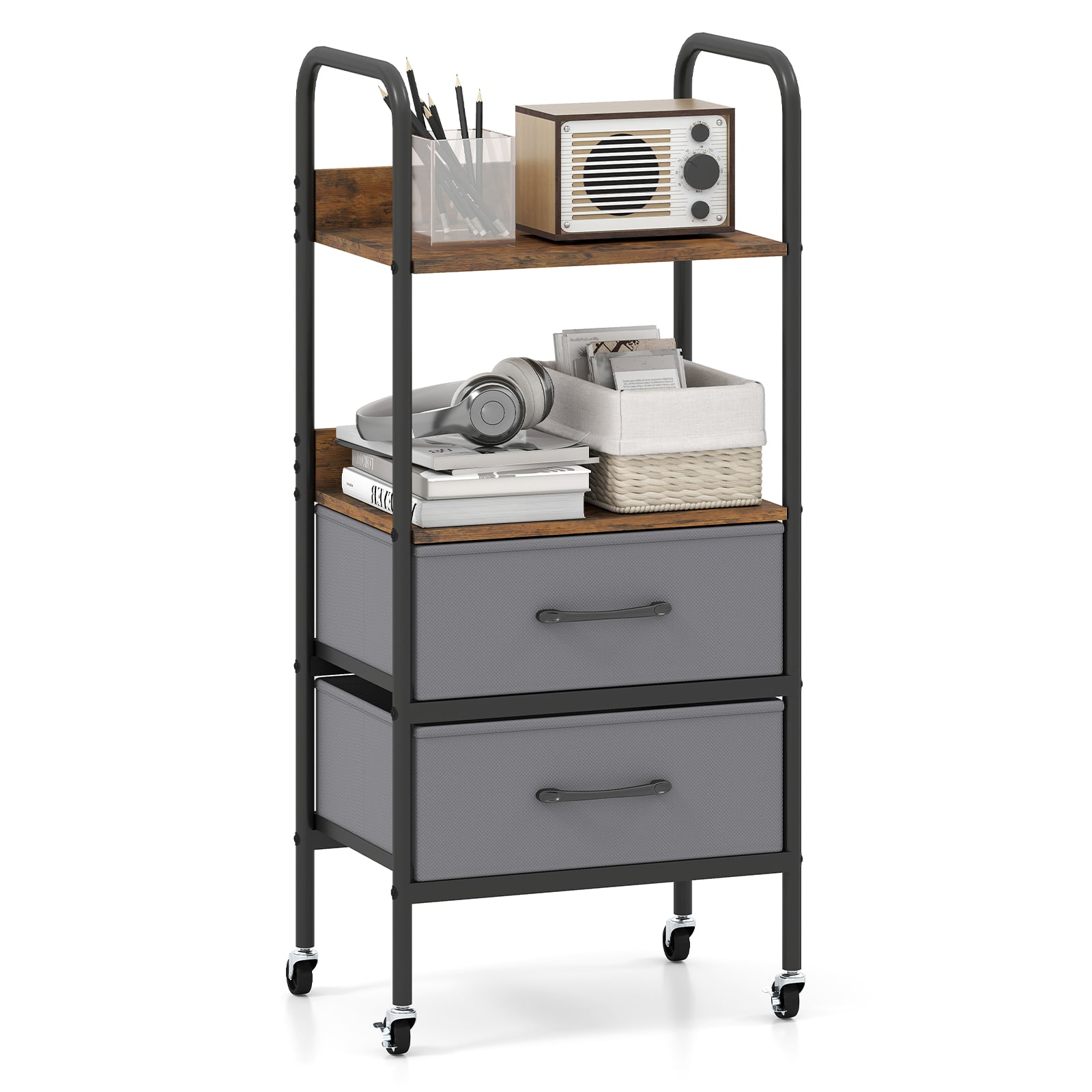 Rolling Utility Storage Cart Mobile Printer Stand with 2 Open Shelves-Brown
