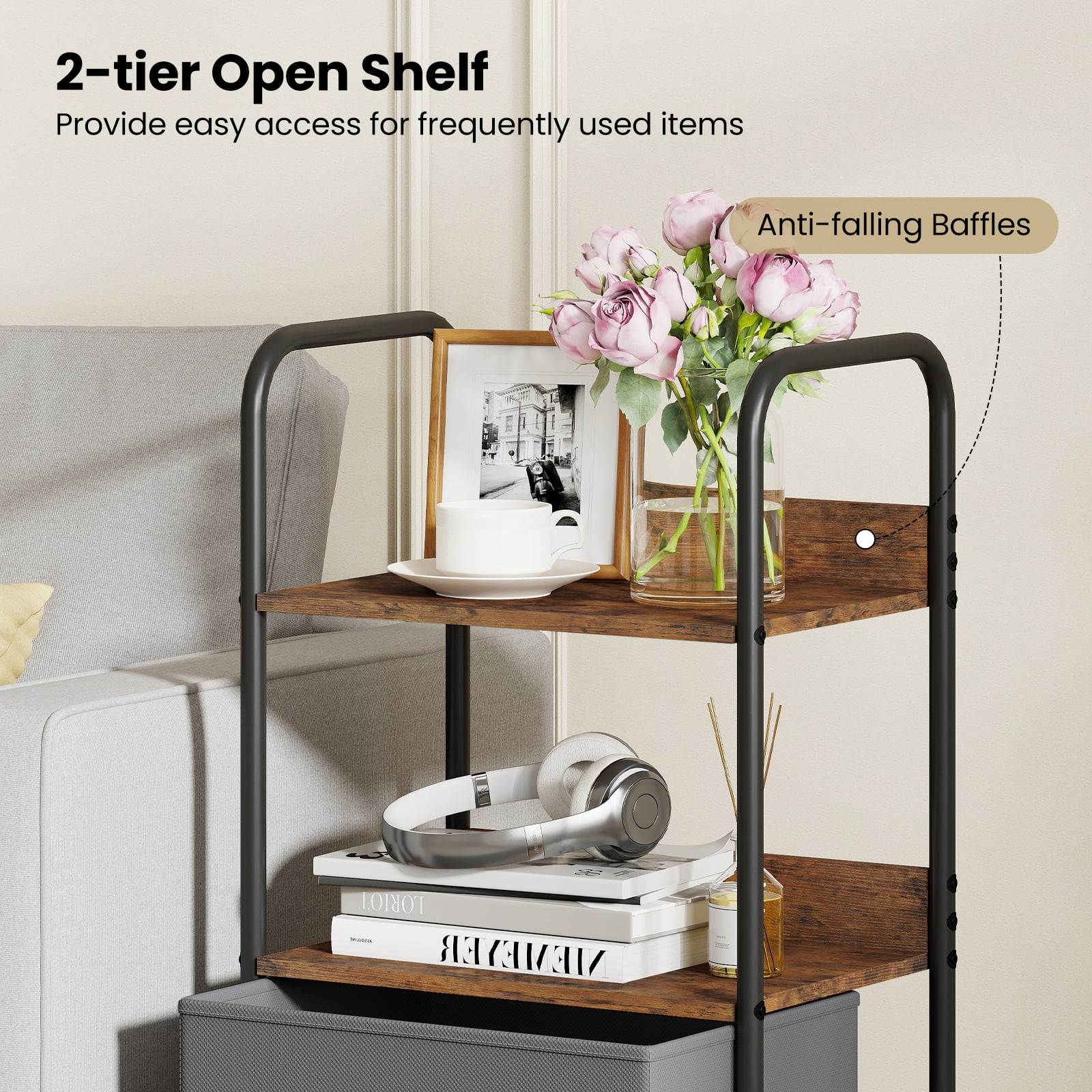 Rolling Utility Storage Cart Mobile Printer Stand with 2 Open Shelves-Brown