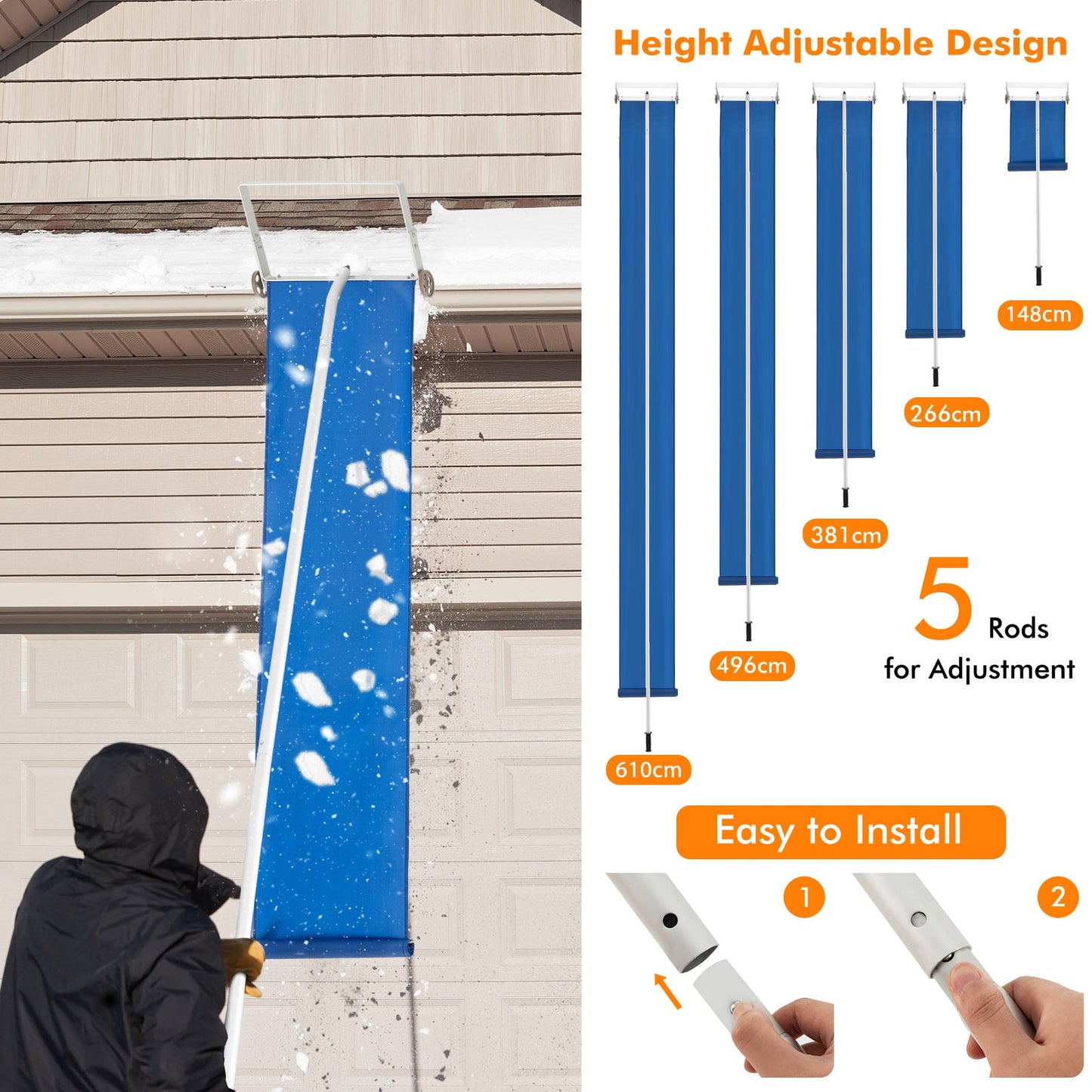 Snow Roof Rake with 5 Section Pole and Anti-slip Handle