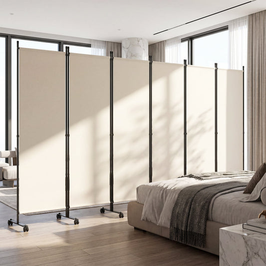 Room Divider 6-Panel Folding Privacy Screen with Lockable Rolling Wheels-Beige