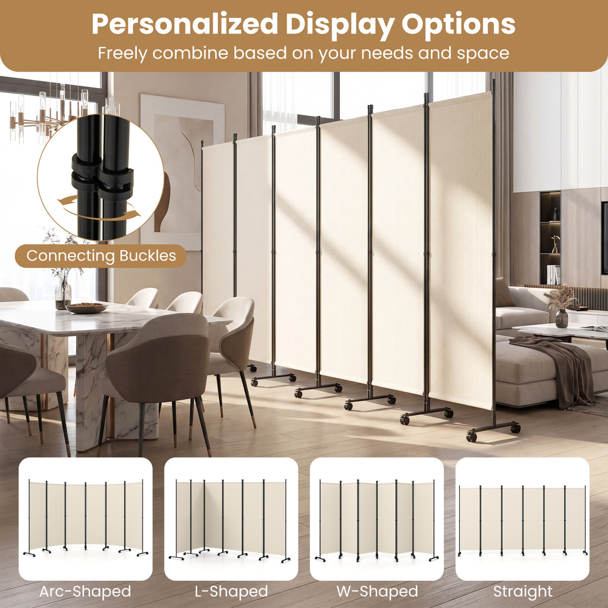 Room Divider 6-Panel Folding Privacy Screen with Lockable Rolling Wheels-Beige