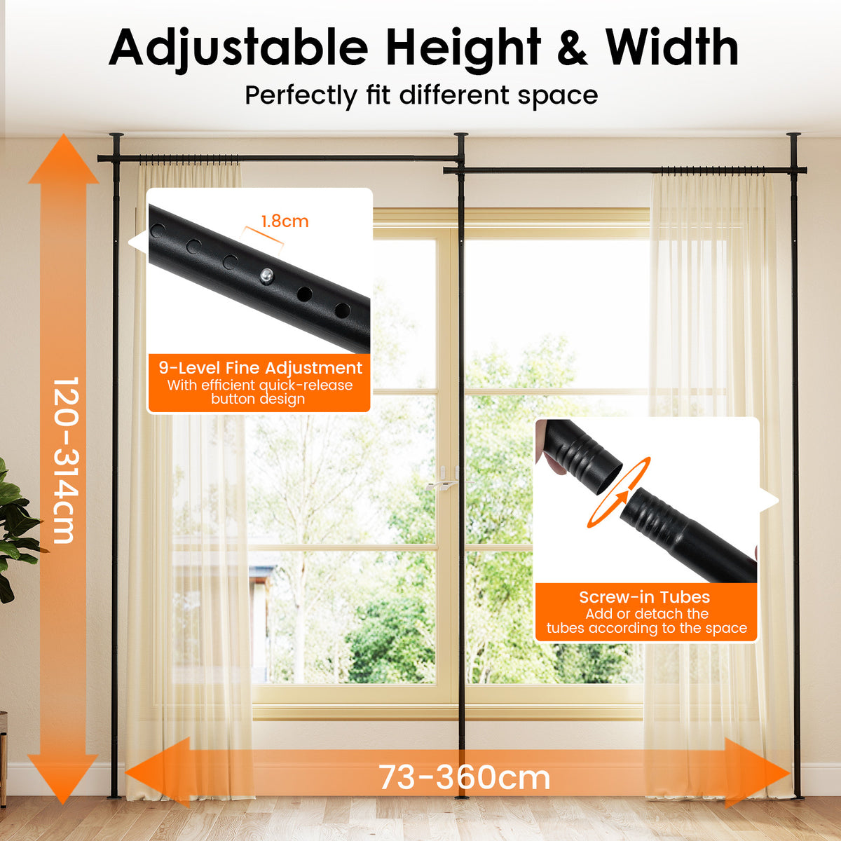 Room Divider Curtain Rod Adjustable Floor to Ceiling Tension Rod-Black