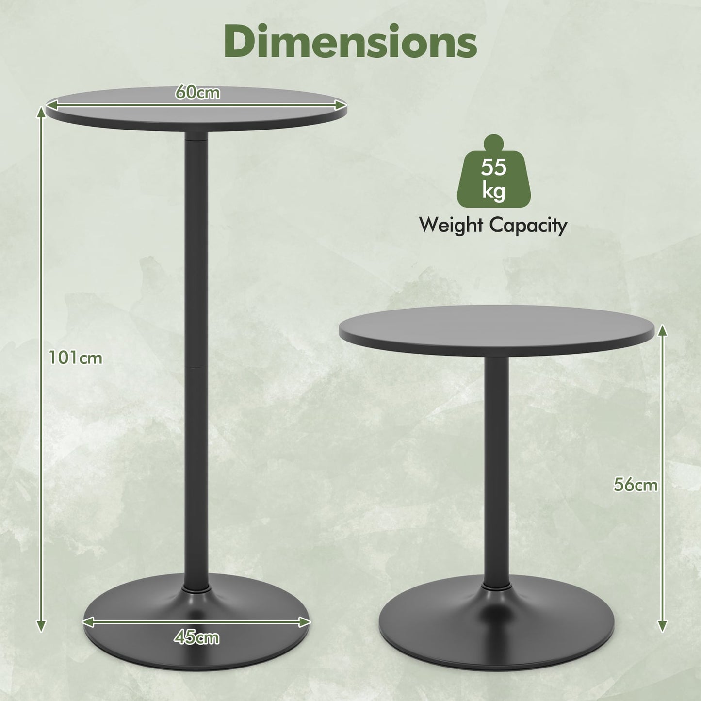 Round Bar Table with Adjustable Height and Metal Base Set of 1-Black
