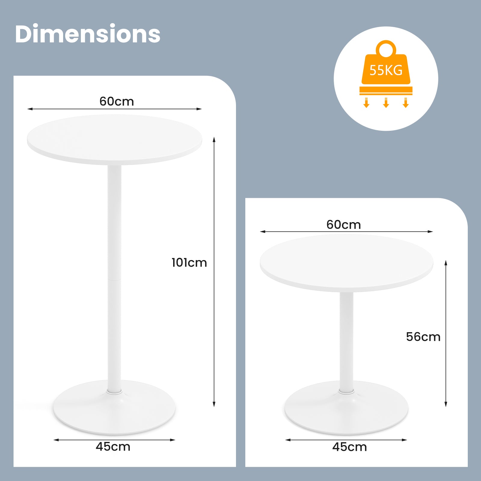 Round Bar Table with Adjustable Height and Metal Base Set of 1-White