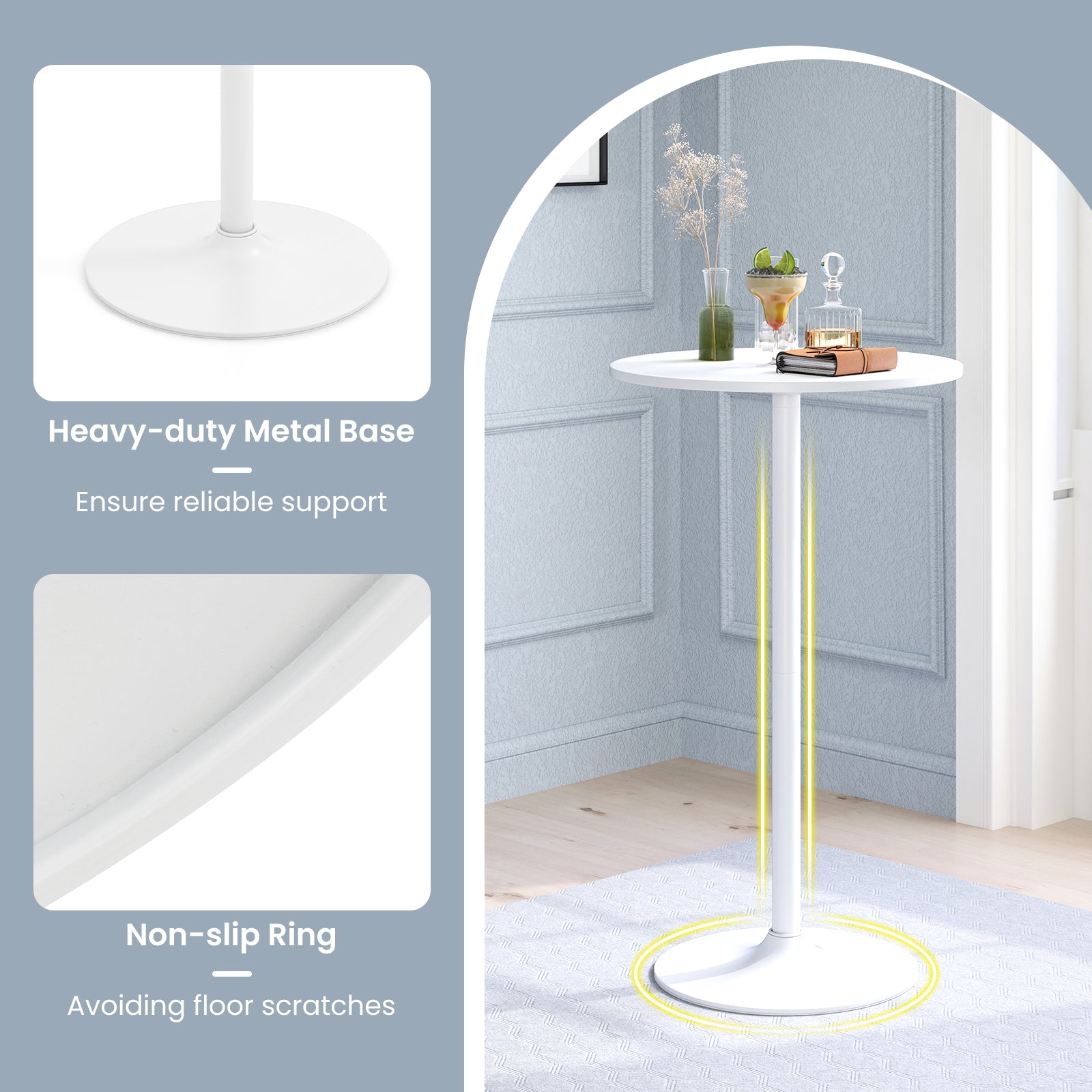 Round Bar Table with Adjustable Height and Metal Base Set of 1-White