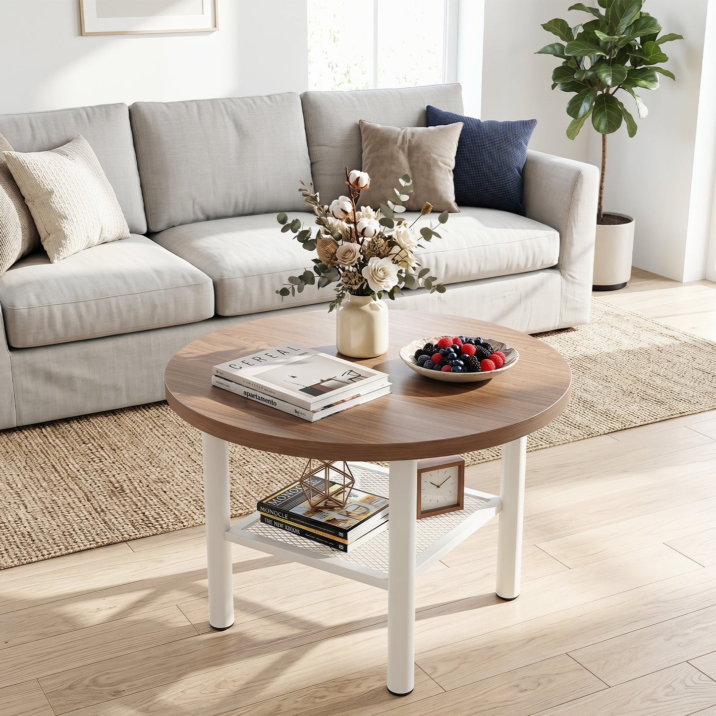 Round Coffee Table 2-Tier Modern Circular Center Table with Storage Shelf-Natural