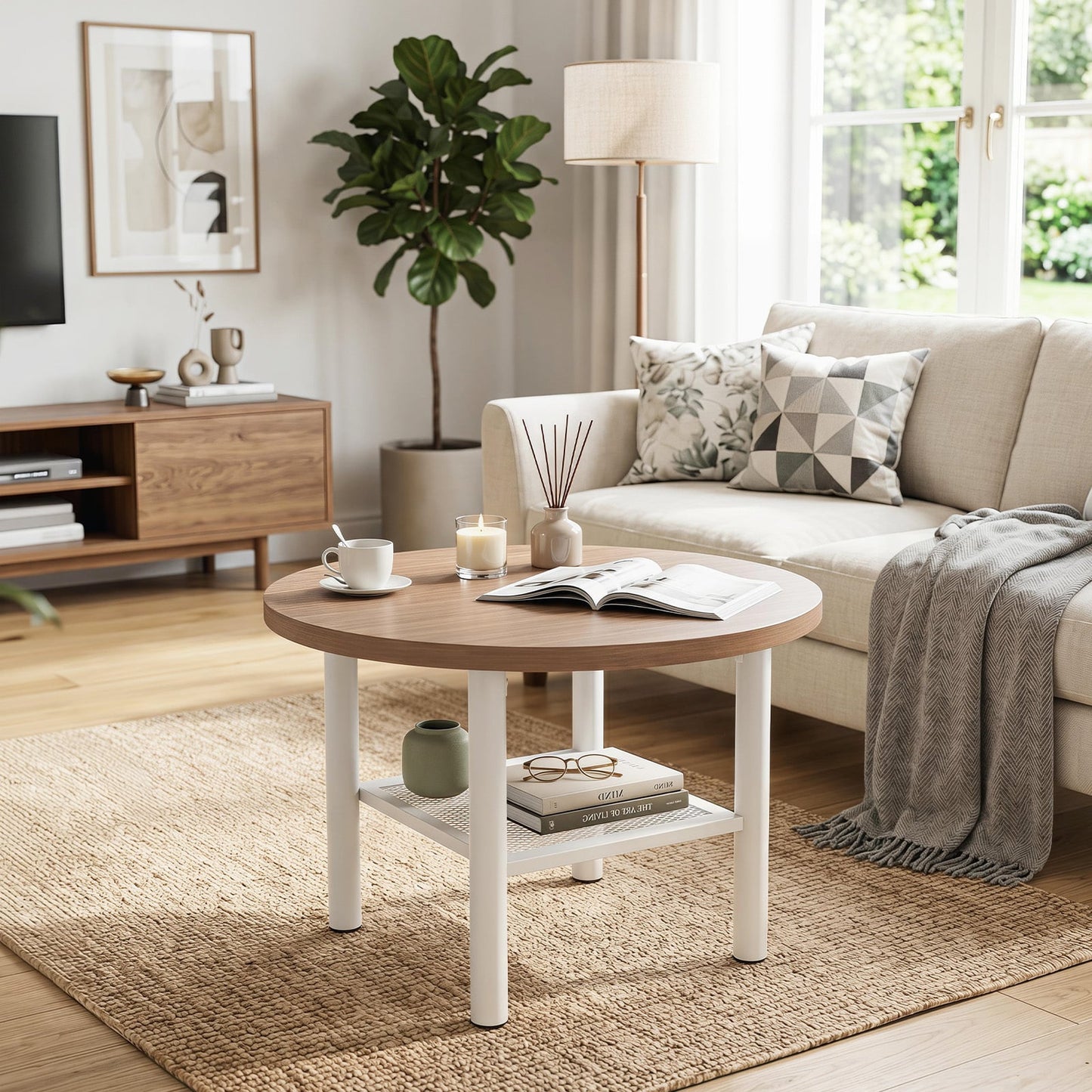 Round Coffee Table 2-Tier Modern Circular Center Table with Storage Shelf-Natural