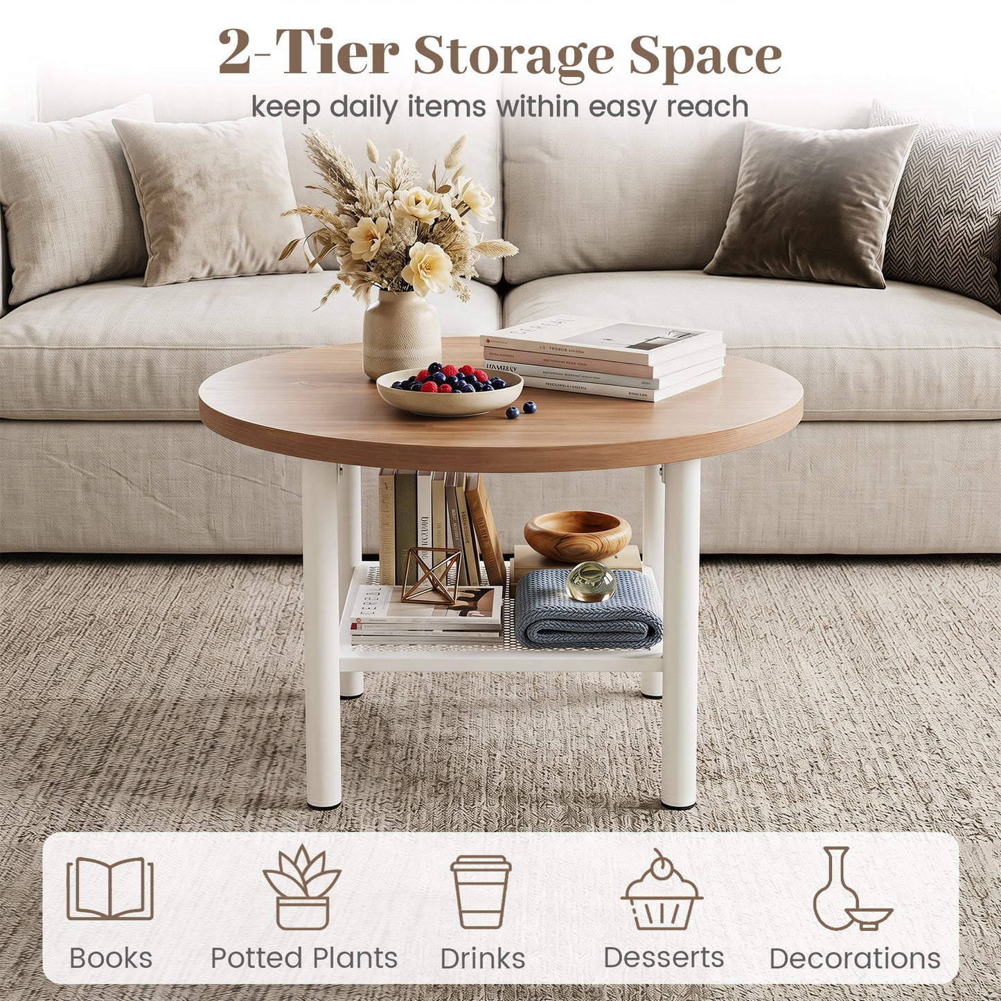 Round Coffee Table 2-Tier Modern Circular Center Table with Storage Shelf-Natural