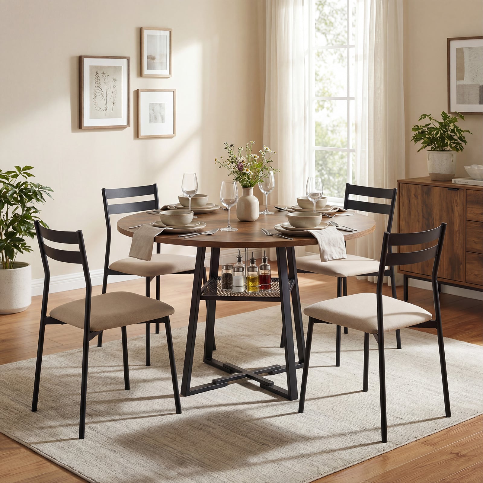 Round Dining Table for 4-6 120 CM Dining Room Table with Storage Shelf and Metal Legs-Brown