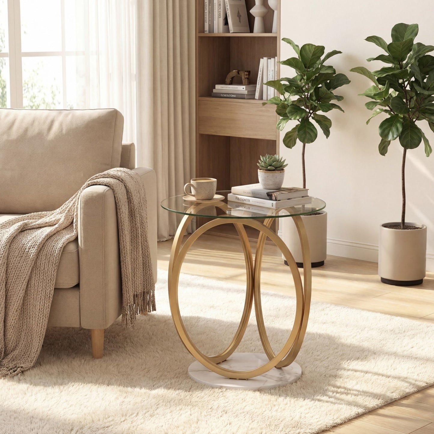 Round Glass Coffee Table with Geometric Metal Ring Frame for Living Room-Gold