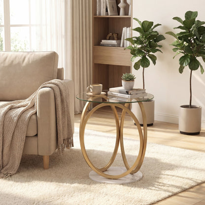 Round Glass Coffee Table with Geometric Metal Ring Frame for Living Room-Gold