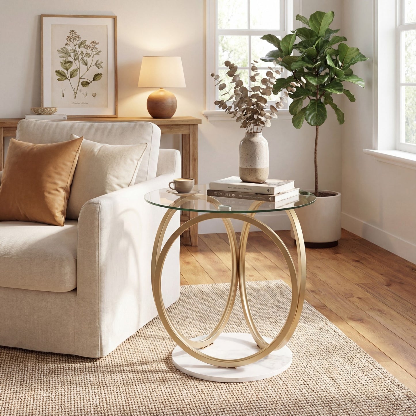 Round Glass Coffee Table with Geometric Metal Ring Frame for Living Room-Gold