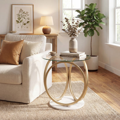 Round Glass Coffee Table with Geometric Metal Ring Frame for Living Room-Gold