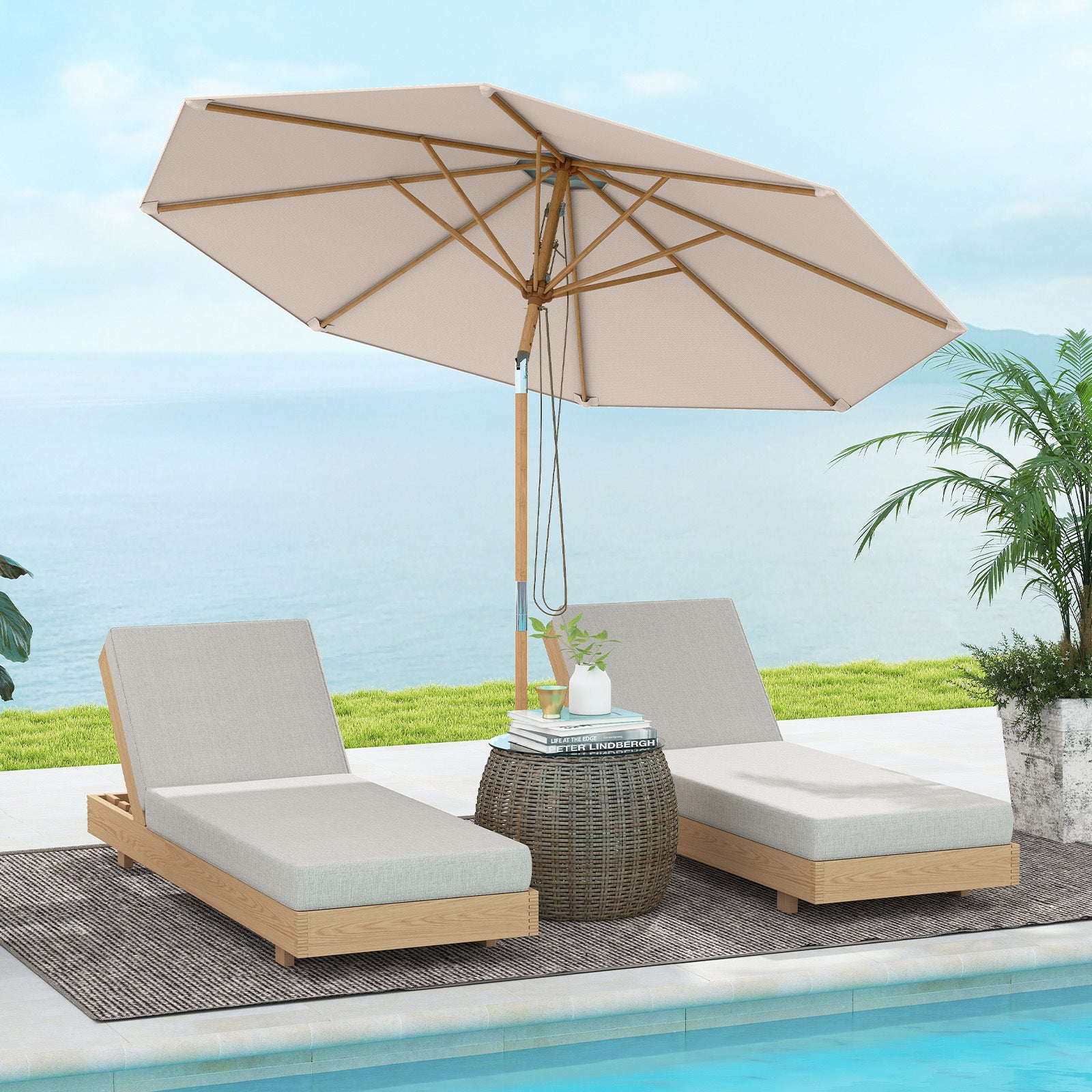 Round Patio Umbrella Bamboo Market Table Umbrella with Push Button Tilt-Beige