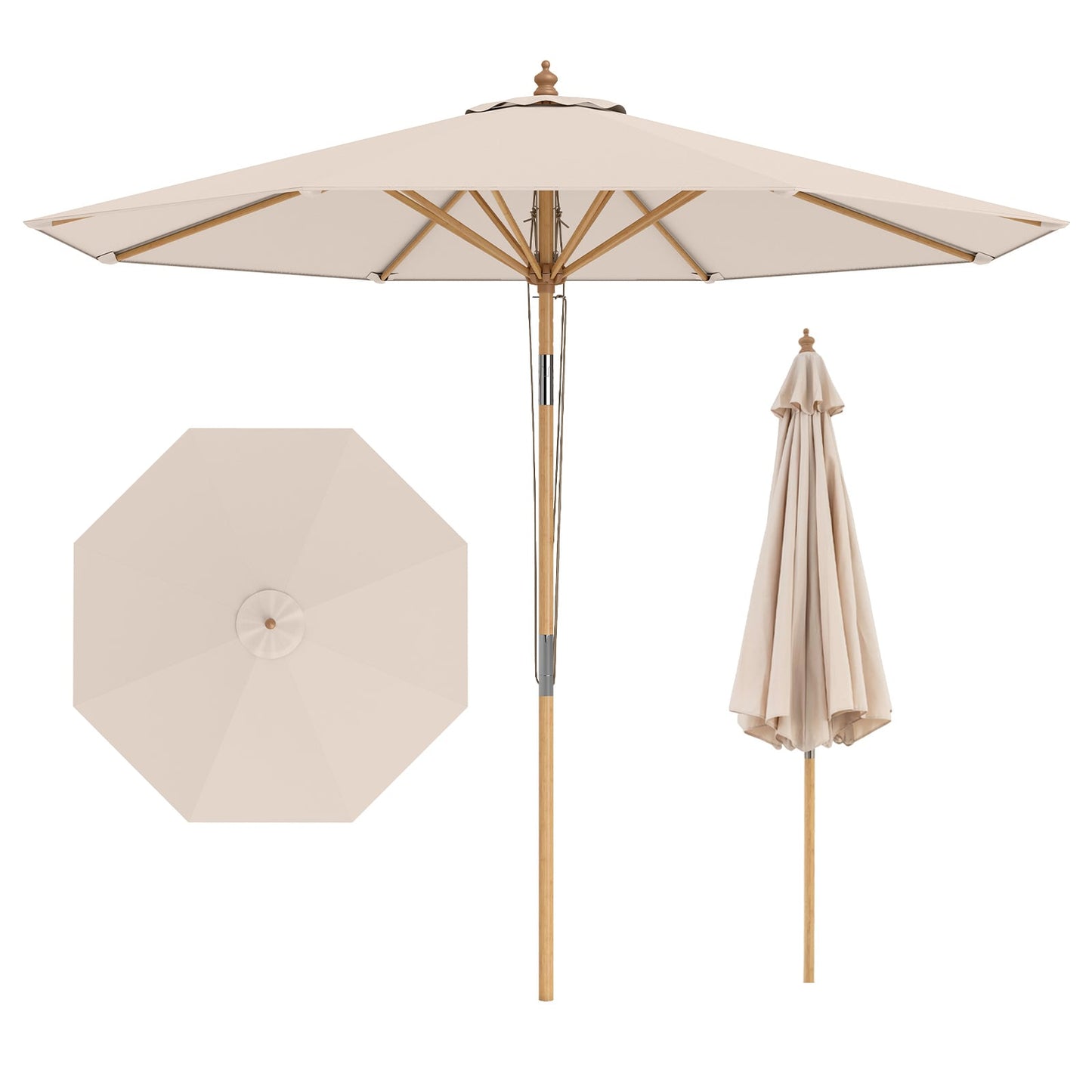 Round Patio Umbrella Bamboo Market Table Umbrella with Push Button Tilt-Beige