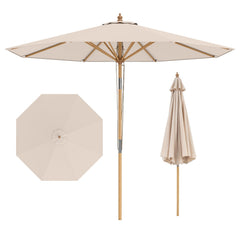 Round Patio Umbrella Bamboo Market Table Umbrella with Push Button Tilt-Beige