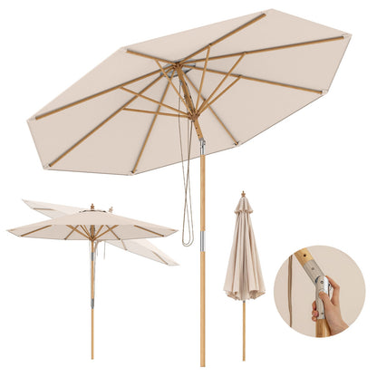 Round Patio Umbrella Bamboo Market Table Umbrella with Push Button Tilt-Beige