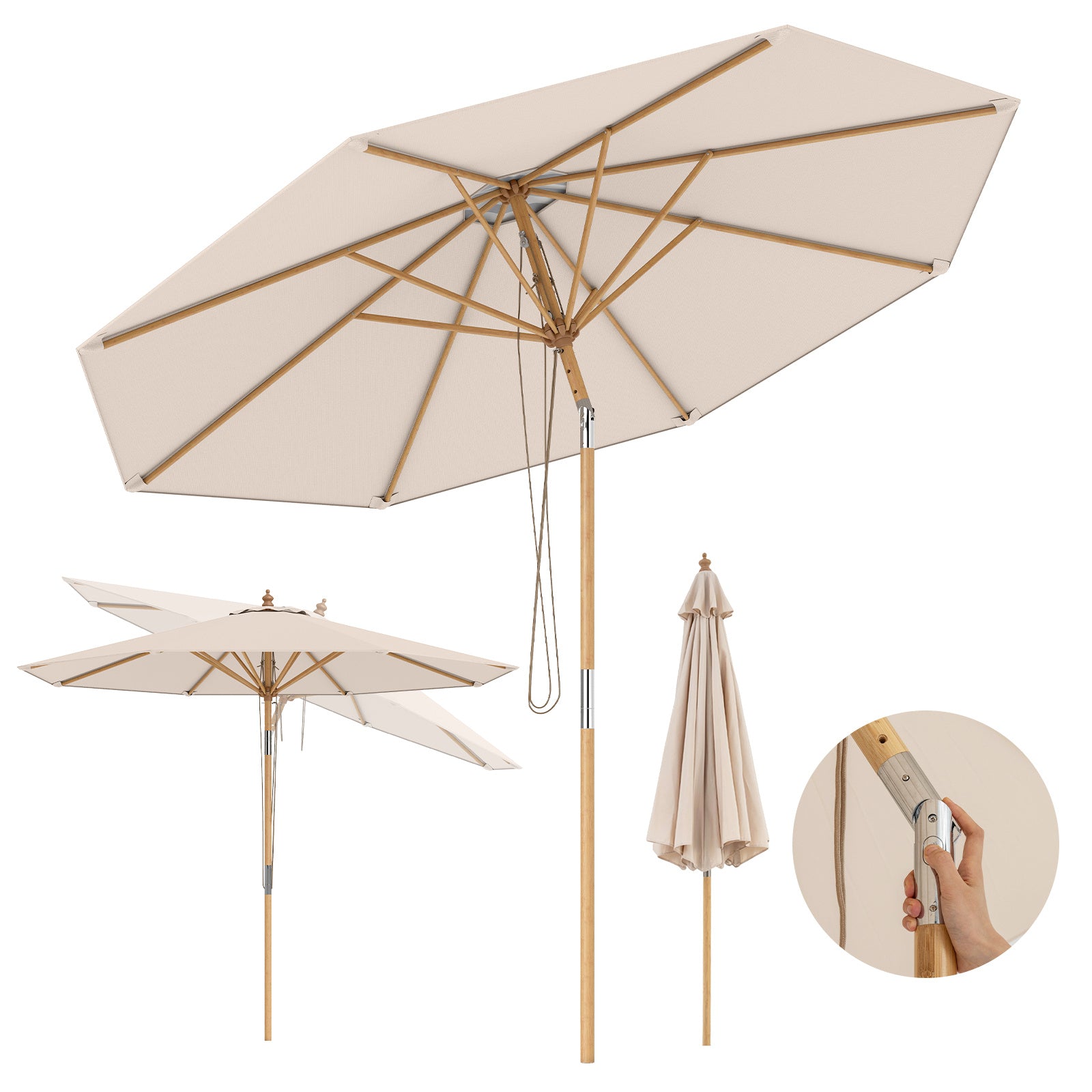Round Patio Umbrella Bamboo Market Table Umbrella with Push Button Tilt-Beige