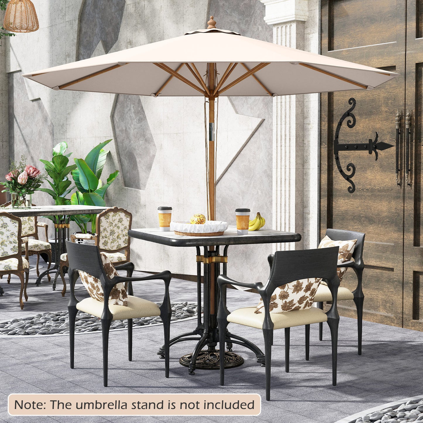 Round Patio Umbrella Bamboo Market Table Umbrella with Push Button Tilt-Beige