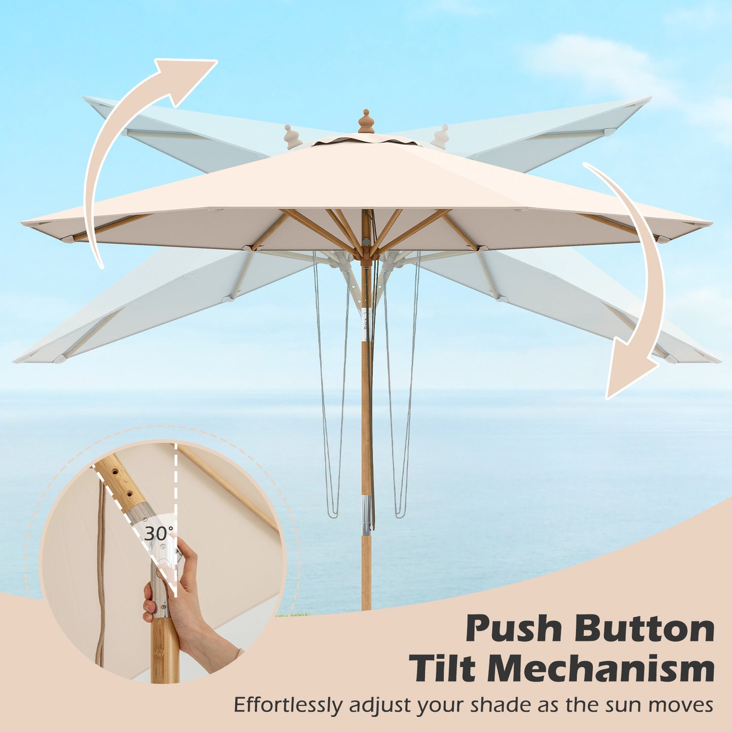 Round Patio Umbrella Bamboo Market Table Umbrella with Push Button Tilt-Beige