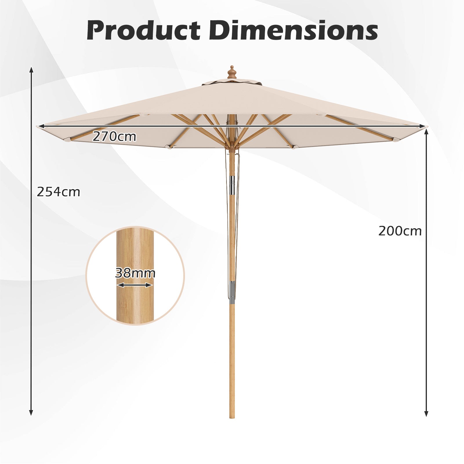 Round Patio Umbrella Bamboo Market Table Umbrella with Push Button Tilt-Beige