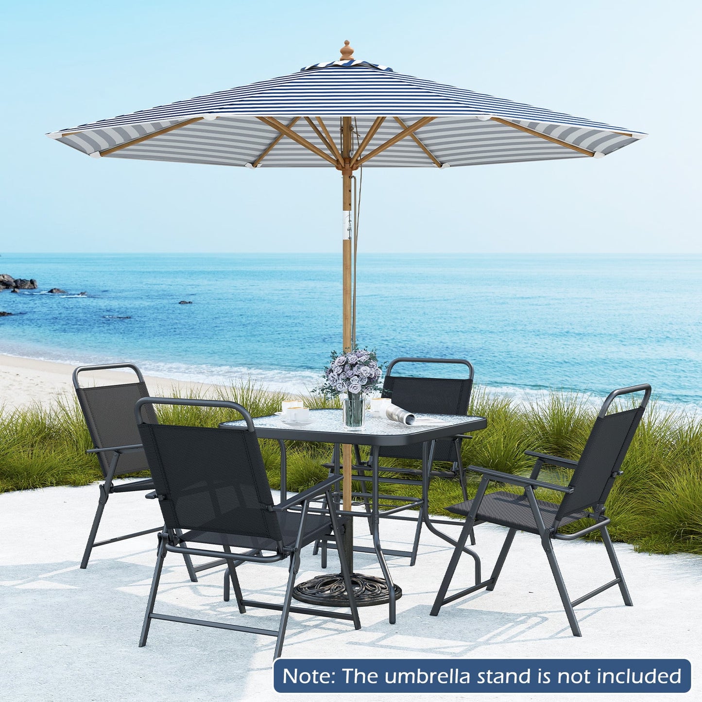 Round Patio Umbrella Bamboo Market Table Umbrella with Push Button Tilt-Blue
