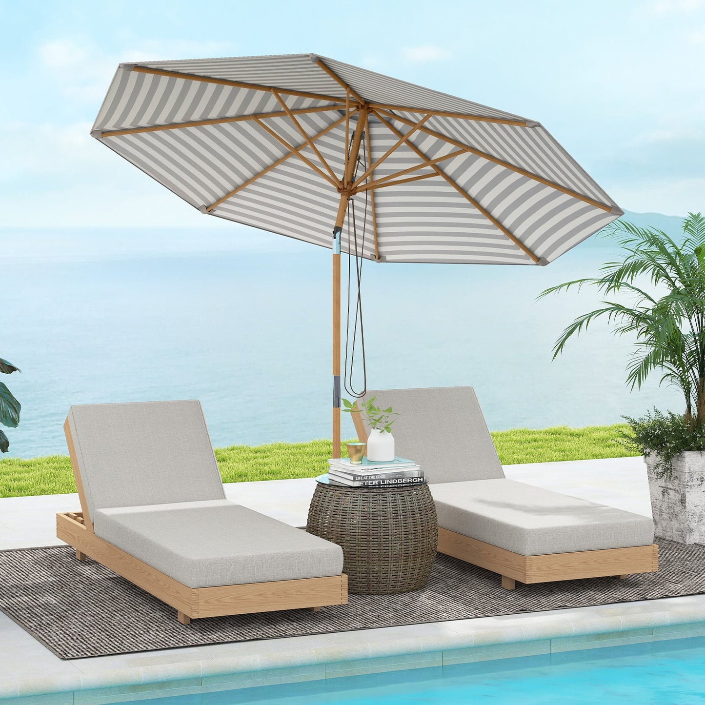 Round Patio Umbrella Bamboo Market Table Umbrella with Push Button Tilt-Blue