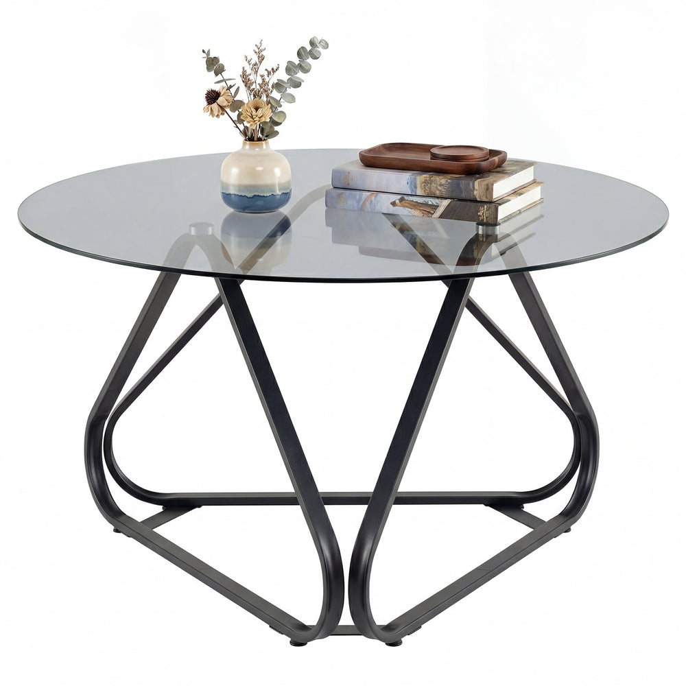 Round Tempered Glass Coffee Table with Triangle Metal Frame for Living Room-Black