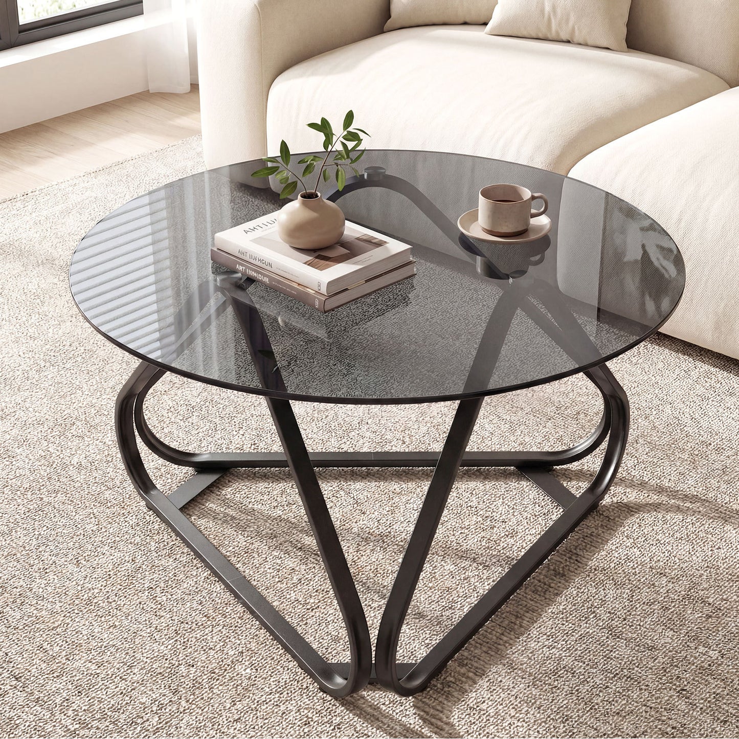Round Tempered Glass Coffee Table with Triangle Metal Frame for Living Room-Black