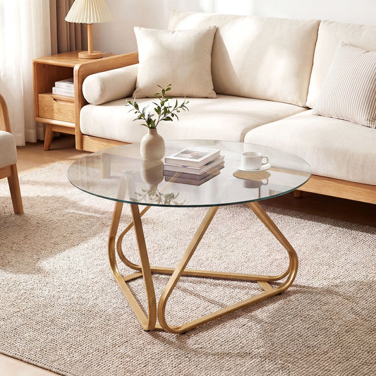 Round Tempered Glass Coffee Table with Triangle Metal Frame for Living Room-Gold