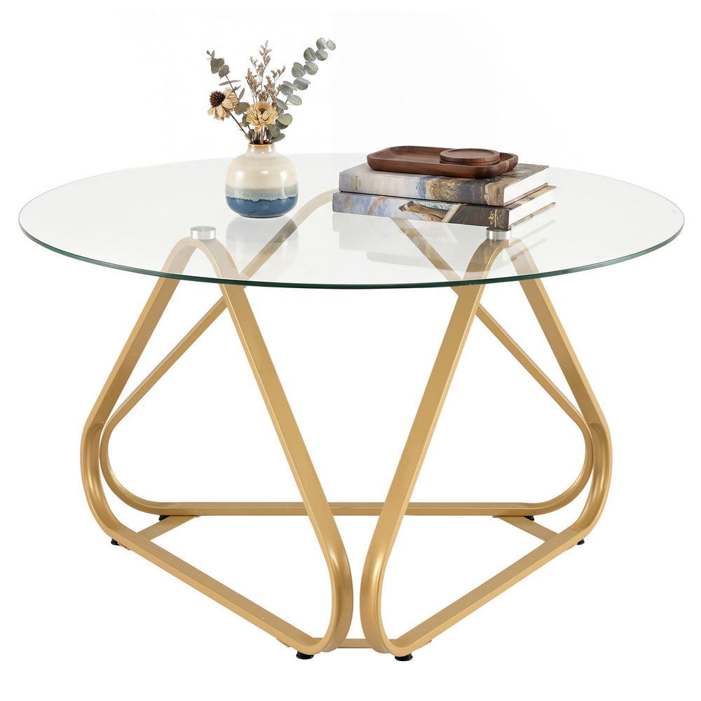 Round Tempered Glass Coffee Table with Triangle Metal Frame for Living Room-Gold