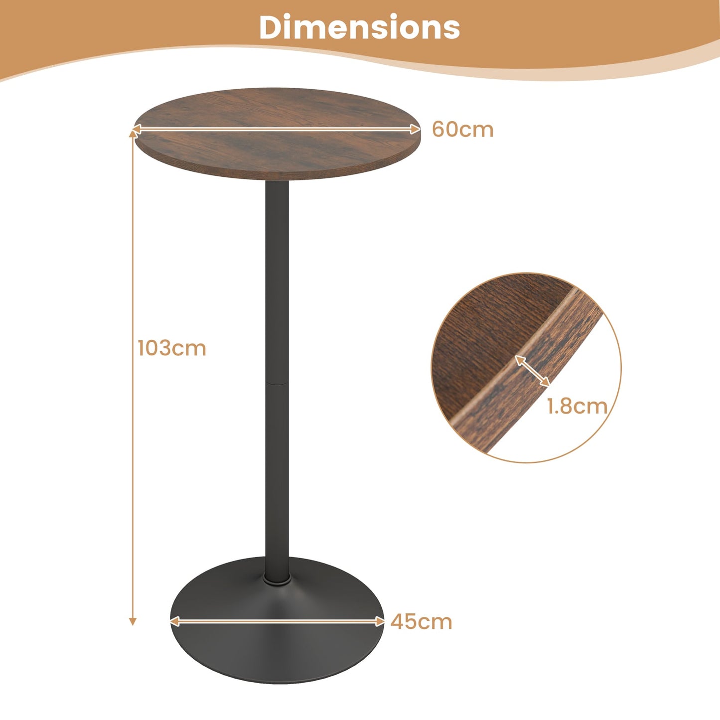 Round Top Pub and Bar Table with MDF Top and Base-1 Piece-Rustic Brown