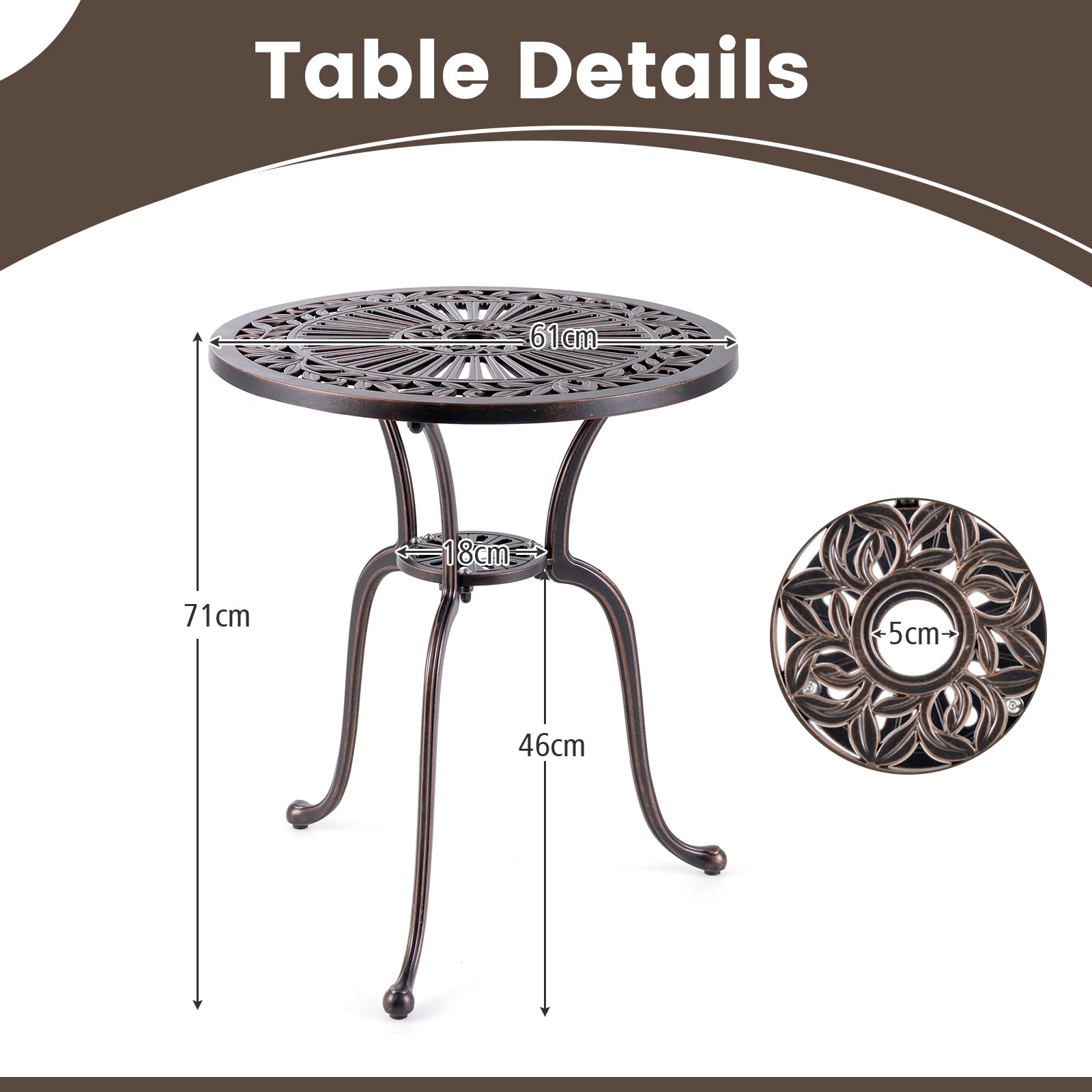 61 cm Round Cast Aluminum Table with 5 cm Umbrella Hole-Copper