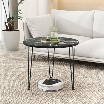 Round Coffee Table Small Faux Marble Accent Table with Thickened Tabletop and Metal Tripod Legs-Black