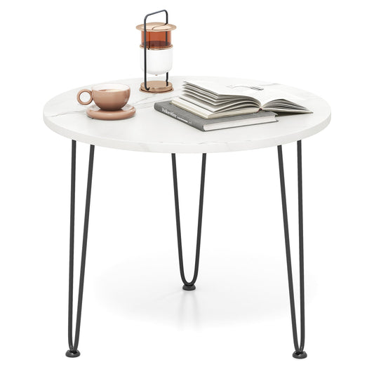 Round Coffee Table Small Faux Marble Accent Table with Thickened Tabletop and Metal Tripod Legs-White